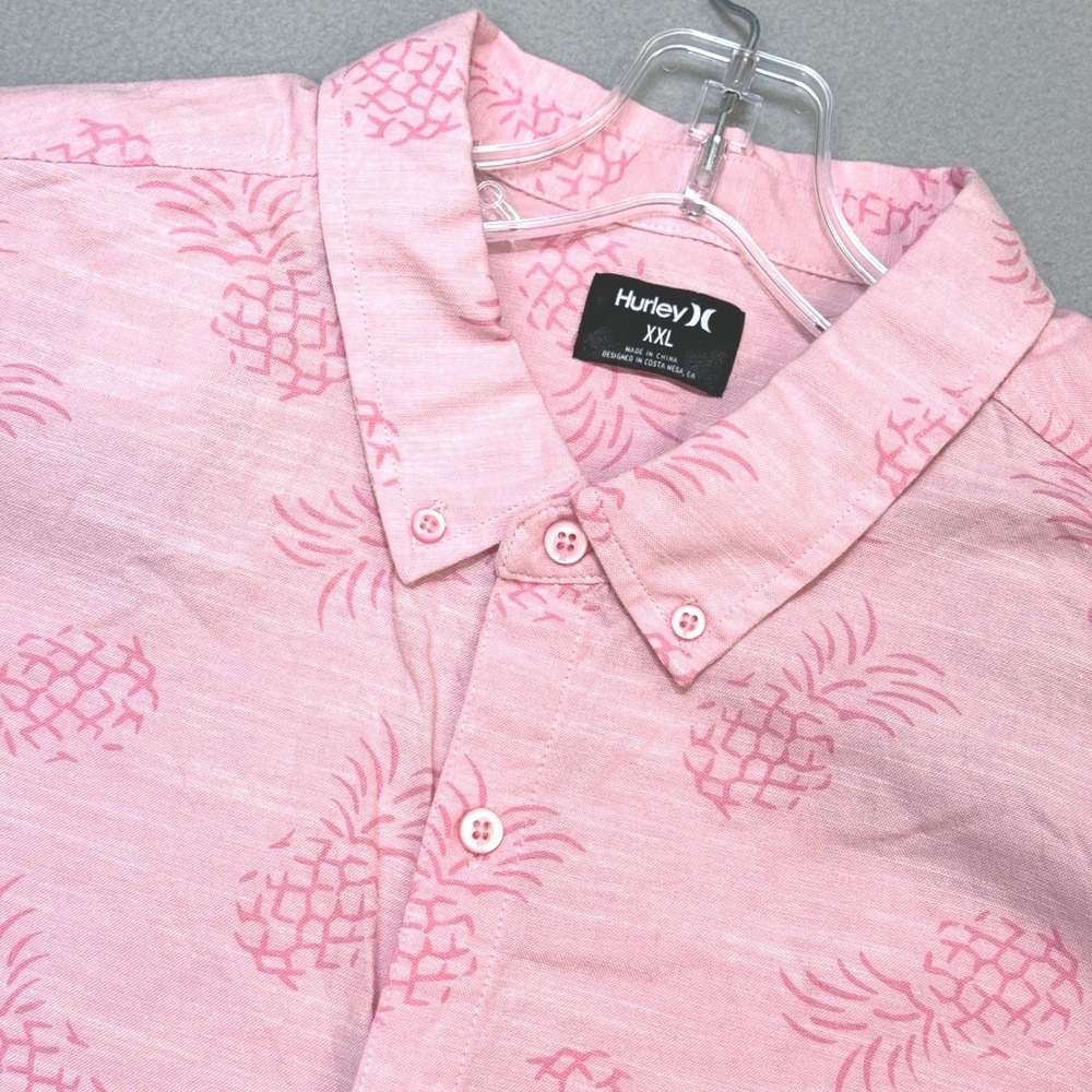 HURLEY Pineapple Print Button Down Shirt Mens XXL Pink Short Sleeve Stretch